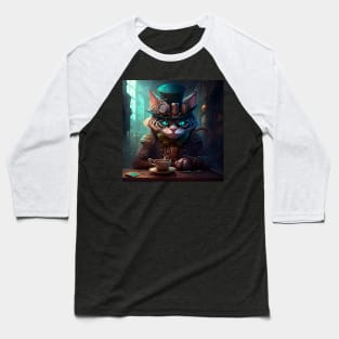 Steampunk Cheshire Cat & Coffee Retro Alice in Wonderland Baseball T-Shirt